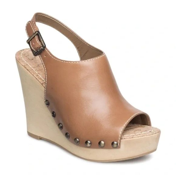 Sam Edelman Camilla Wedge Sandal Women 7.5 Nude Leather Buckle Slingback - Picture 1 of 6